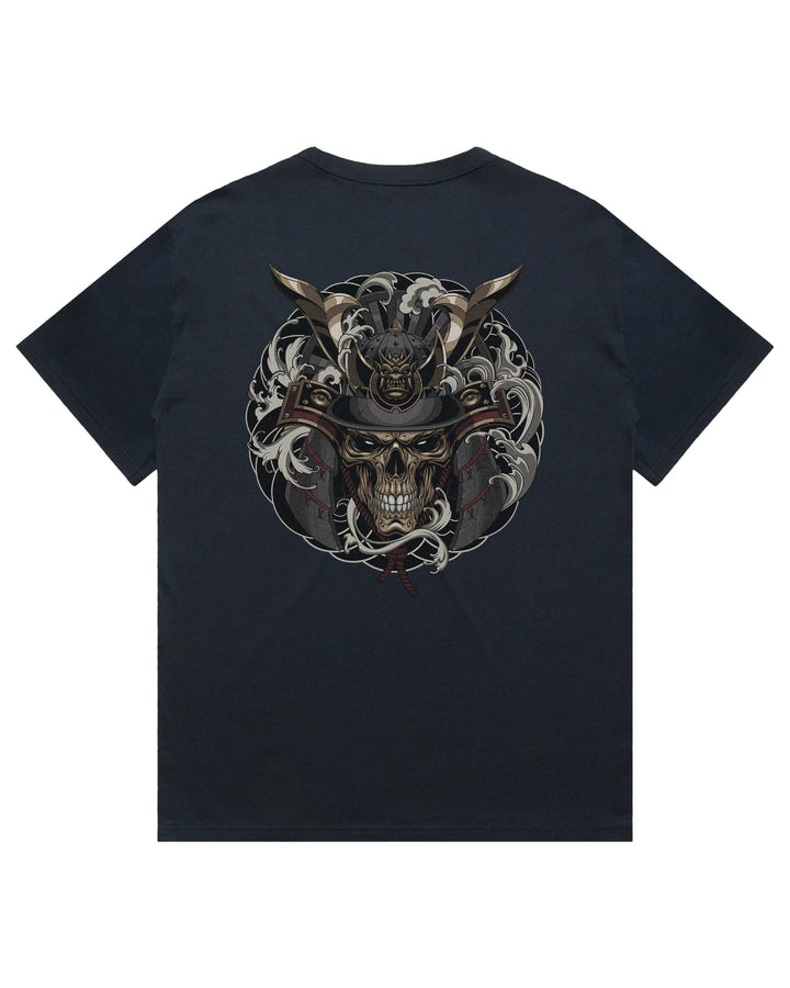 A dark navy blue short-sleeve t-shirt shown from the back, featuring a large, detailed graphic print of a skull wearing a samurai helmet and surrounded by Irezumi smoke.
