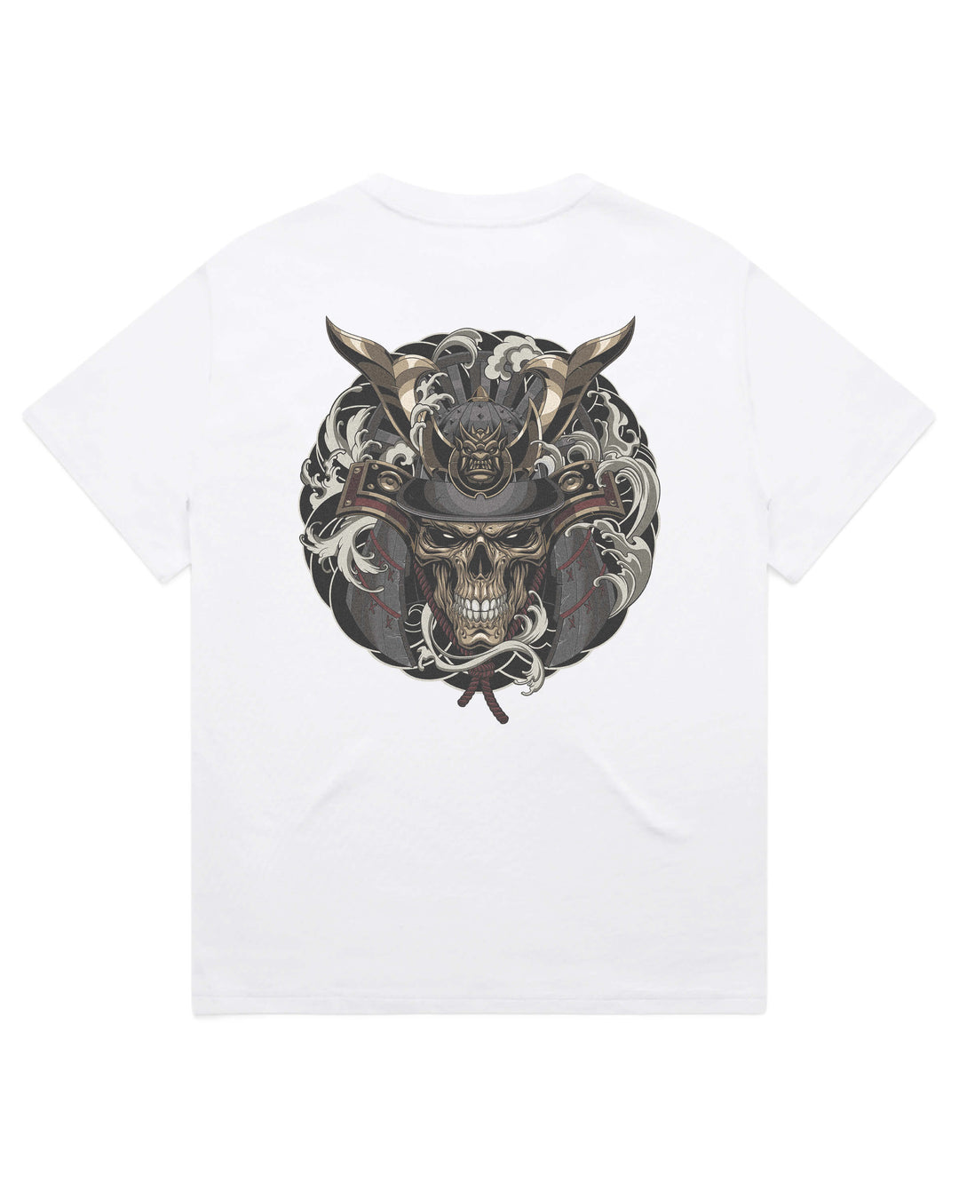 A white short-sleeve crewneck t-shirt featuring a large graphic print on the back. The graphic depicts a detailed illustration of a skull wearing a samurai helmet, surrounded by a circular irezumi frame details.