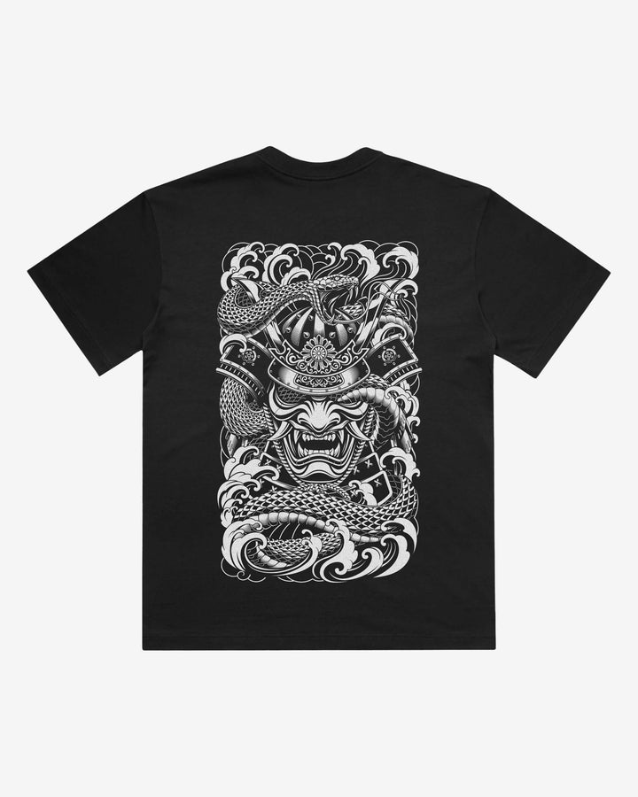 Irezumi Samurai Japanese tattoo-inspired graphic back print on a black 240 GSM heavyweight boxy T-shirt
