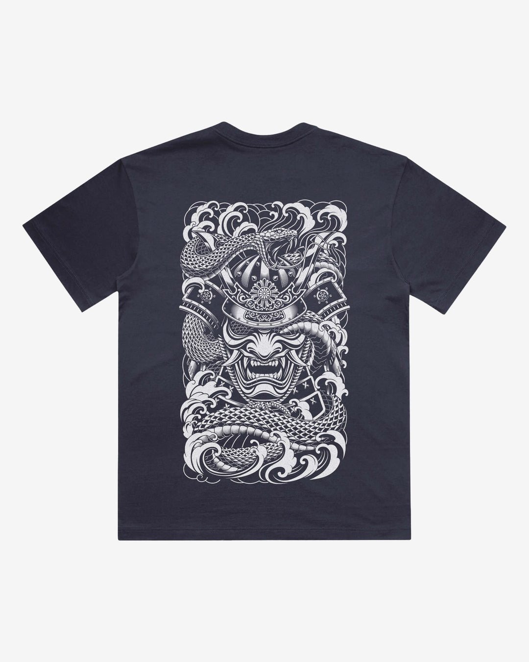 Irezumi Samurai Japanese tattoo-inspired graphic back print on a ink blue 240 GSM heavyweight boxy T-shirt
