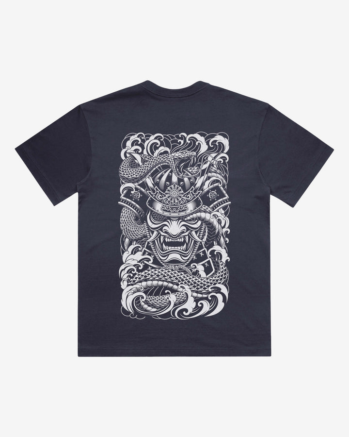 Irezumi Samurai Japanese tattoo-inspired graphic back print on a ink blue 240 GSM heavyweight boxy T-shirt