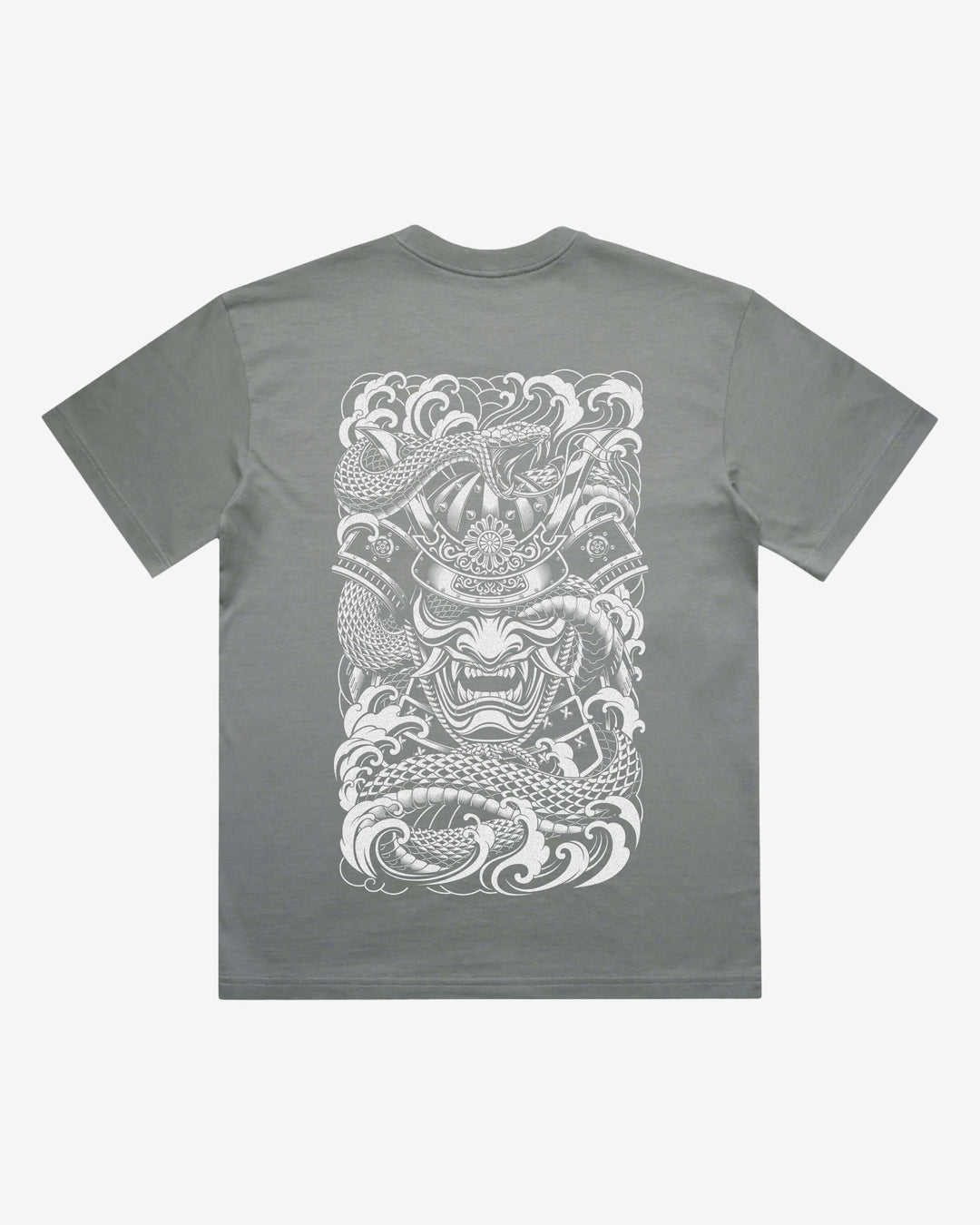 Irezumi Samurai Japanese tattoo-inspired graphic back print on a shadow 240 GSM heavyweight boxy T-shirt