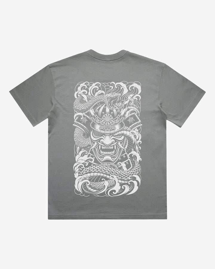 Irezumi Samurai Japanese tattoo-inspired graphic back print on a shadow 240 GSM heavyweight boxy T-shirt