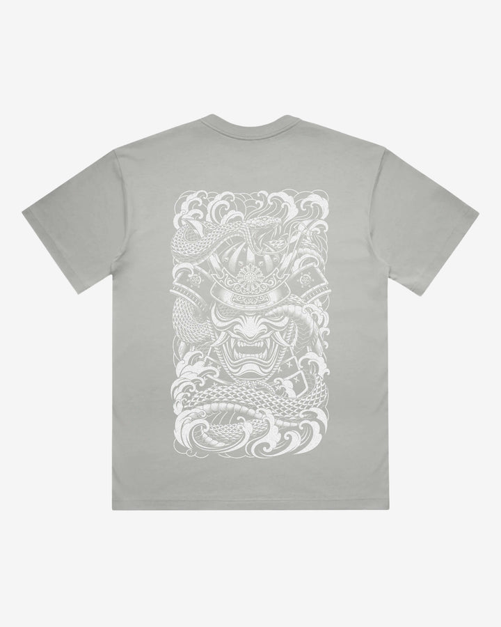 Irezumi Samurai Japanese tattoo-inspired graphic back print on a storm 240 GSM heavyweight boxy T-shirt