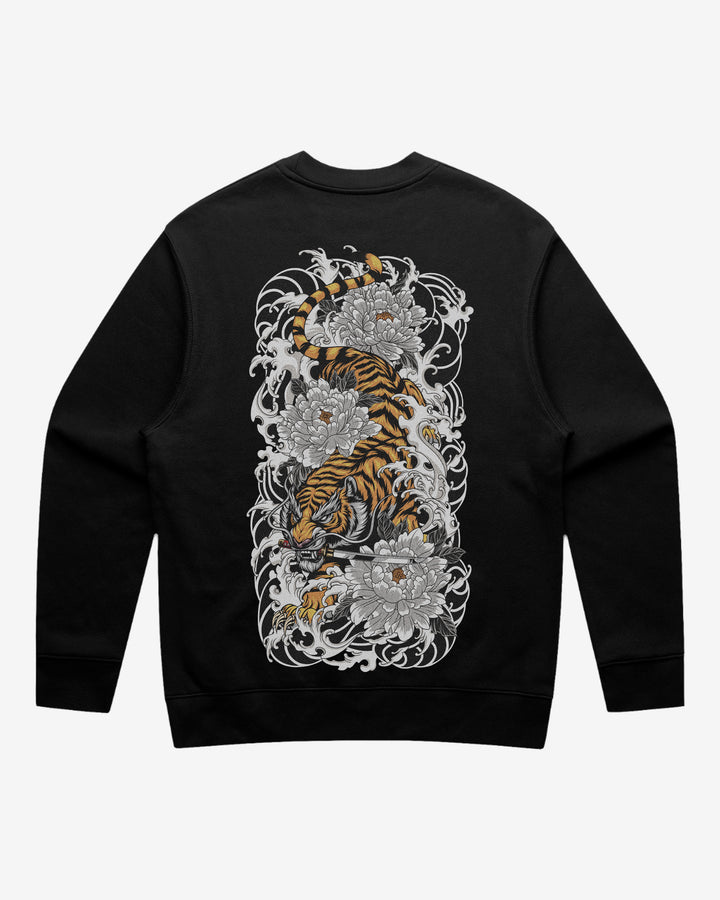 Black graphic sweatshirt with a tiger surrounded by irezumi art on the back.