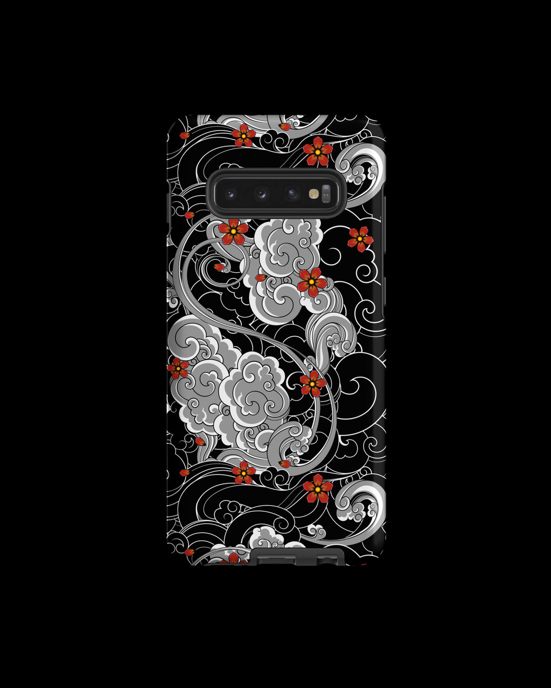 Samsung Phone case with irezumi inspired floral and cloud design on a black background