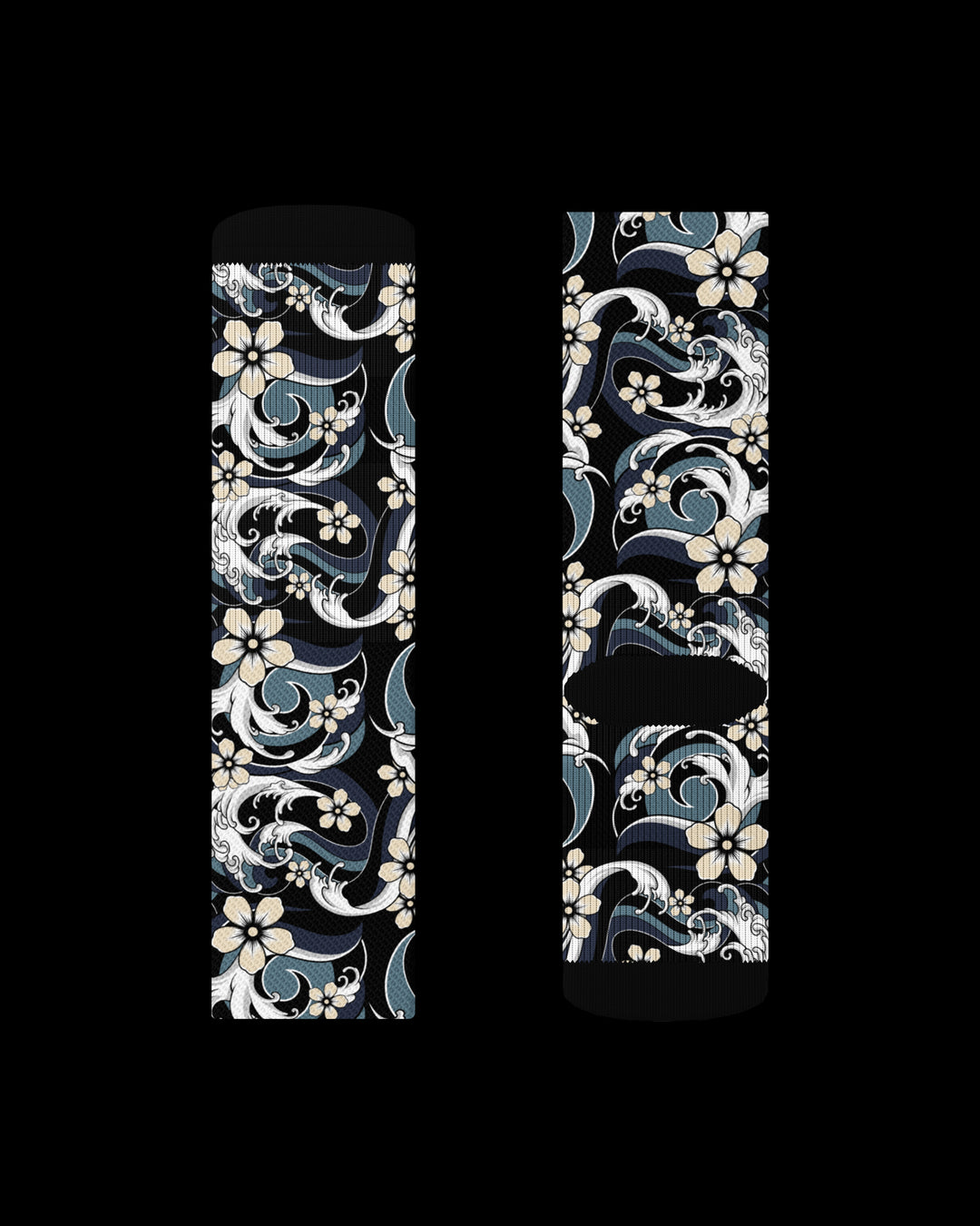 Pair of socks with a floral and wave pattern on a black background