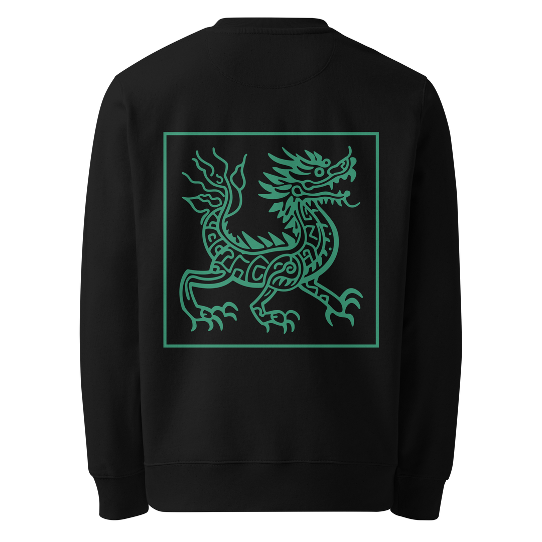 Jade green Chinese Dragon design on the back of a black sweatshirt, inspired by Chinese tattoo art and featuring intricate details with a bold, elegant look.