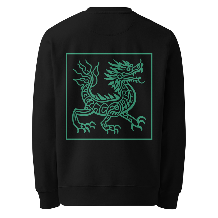 Jade green Chinese Dragon design on the back of a black sweatshirt, inspired by Chinese tattoo art and featuring intricate details with a bold, elegant look.