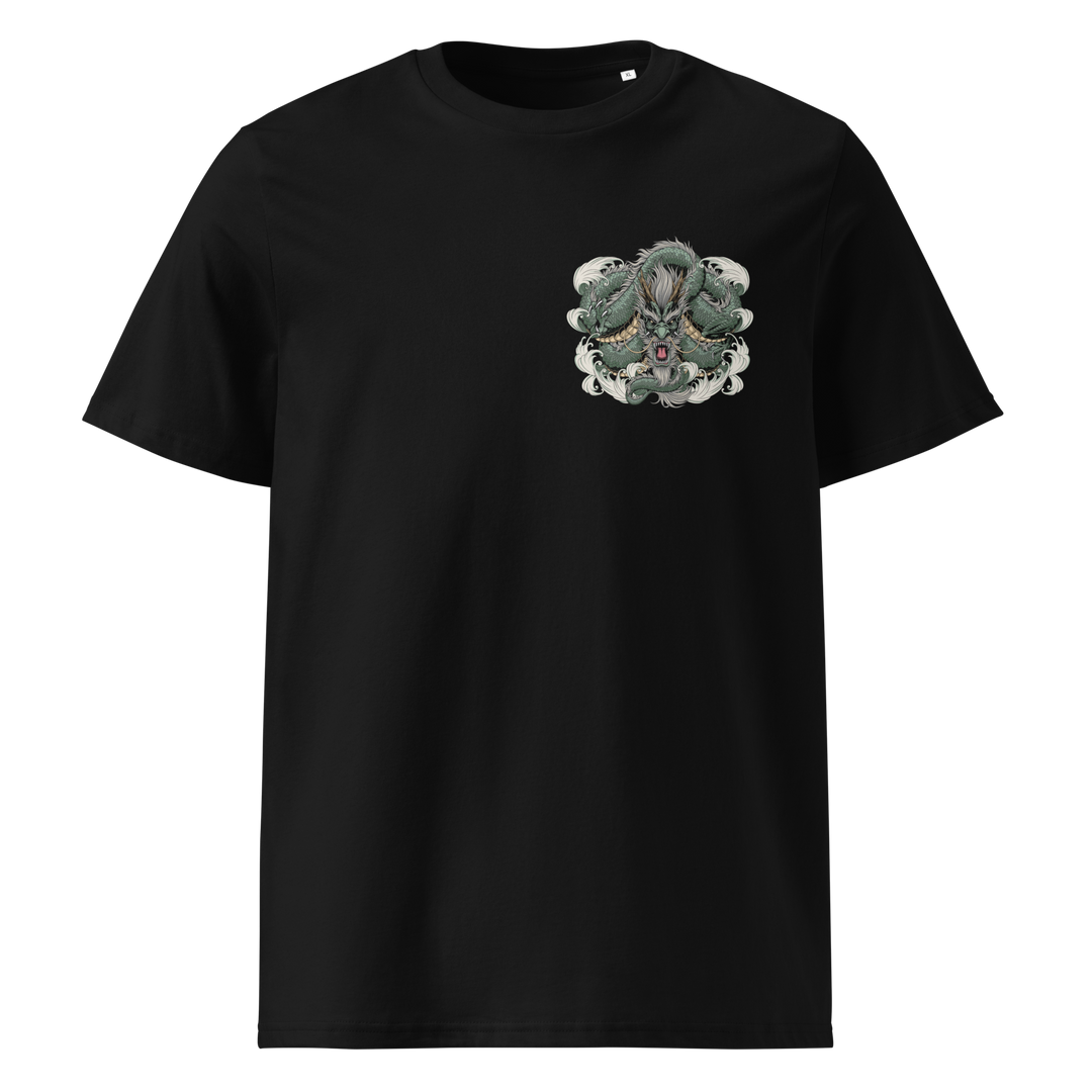 A premium black t-shirt featuring a jade green coiled dragon design surrounded by swirling clouds, positioned on the left chest.