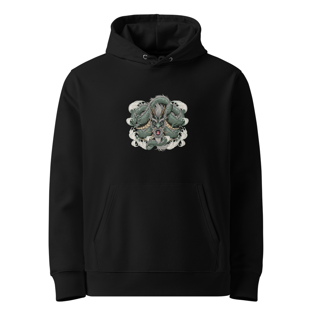 Jade Coiled Dragon Hoodie with a front print of a fierce jade dragon in a circular Irezumi-inspired design.