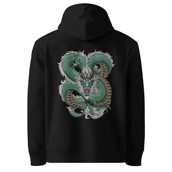 Black hoodie featuring a bold back print of a jade-green dragon entwined in intricate knots, accented with gold highlights for a mythical and dynamic design.