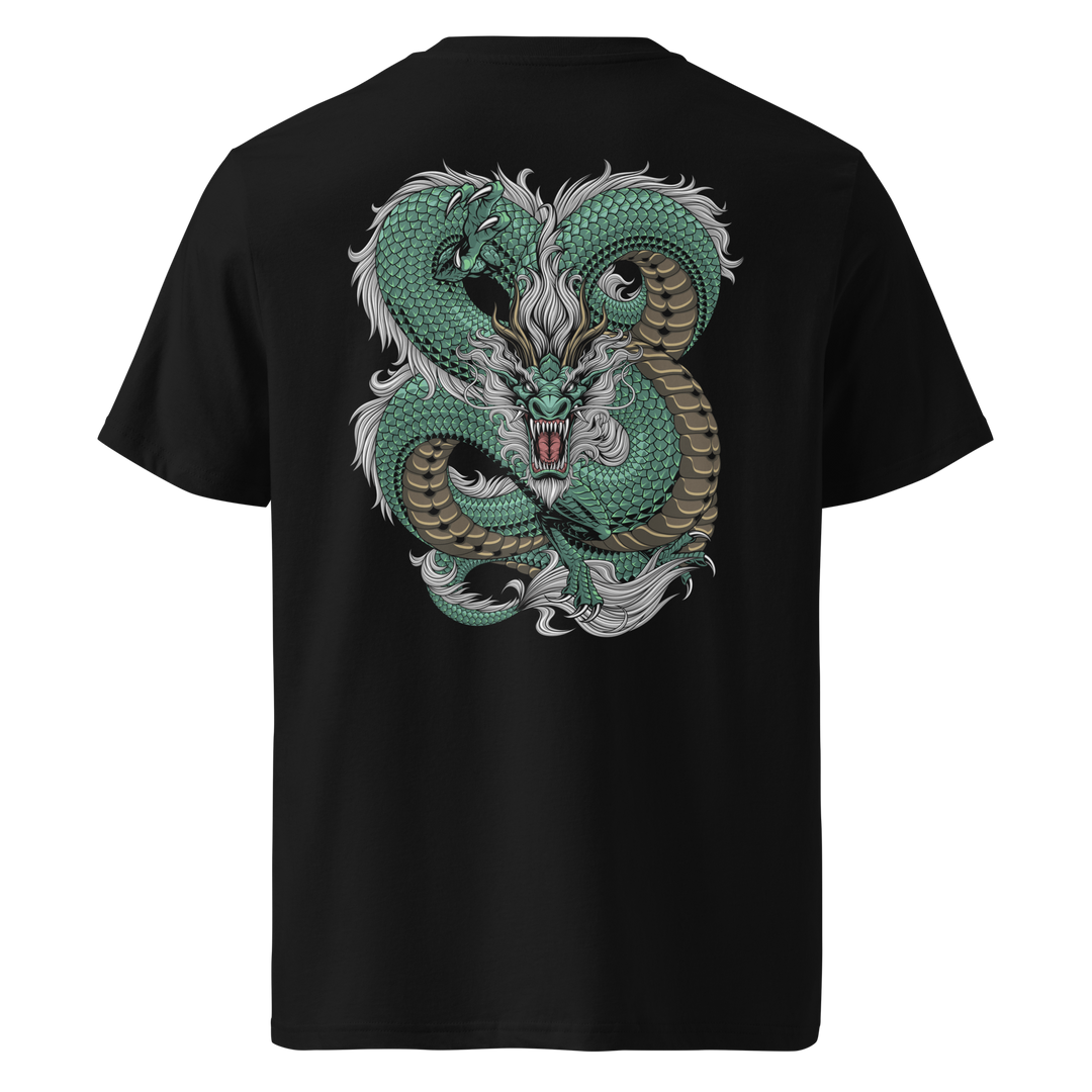 A black t-shirt featuring a detailed back print of a jade green dragon coiled in a knot-like pose, accented with gold underbelly scales and a silver mane, inspired by Japanese traditional art.