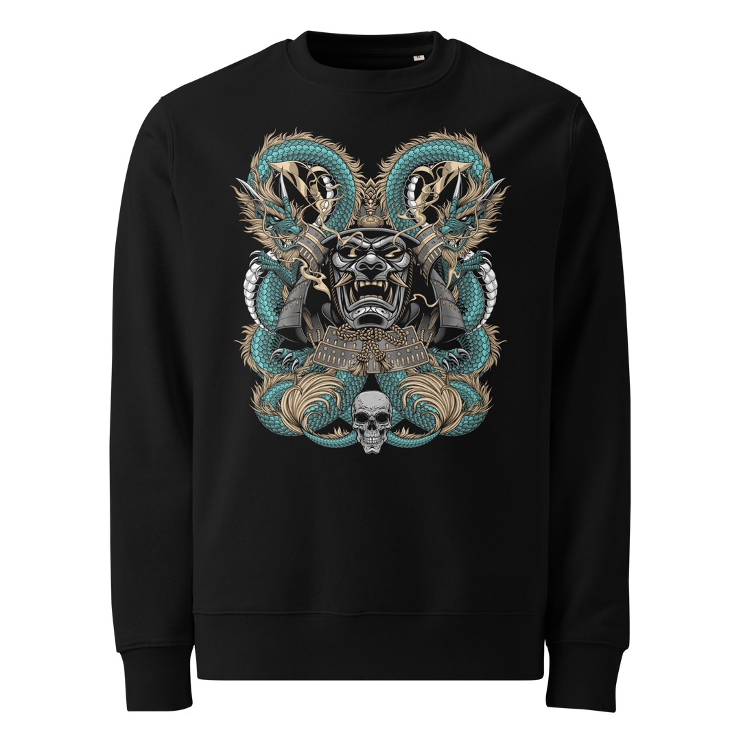 Black sweatshirt showcasing two jade-green dragons coiled around a samurai mask, highlighted with gold accents and detailed with skull motifs for a bold, artistic look.