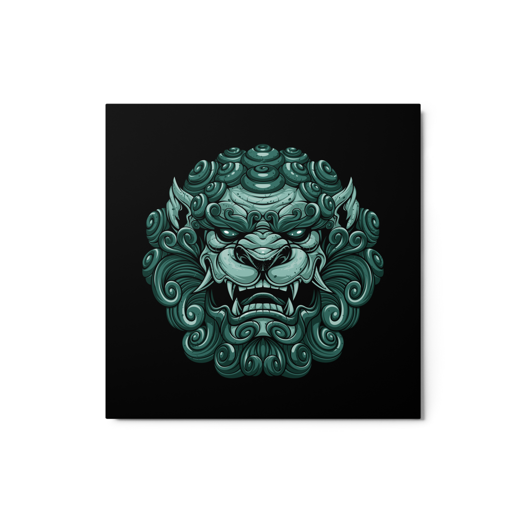 A jade-colored metal print featuring a detailed guardian lion design with an intricate mane and fierce expression, inspired by Japanese culture.