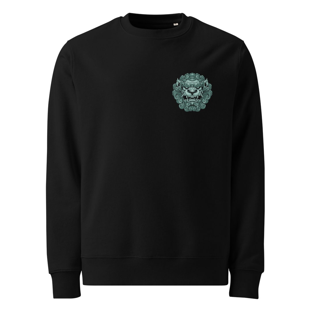 Jade Komainu Sweatshirt – Left chest print featuring a jade green guardian lion-dog head on a black sweatshirt.