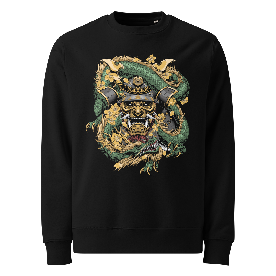 Jade Samurai Mask Embraced front print on a black sweatshirt, featuring a samurai mask entwined with a jade-green dragon.