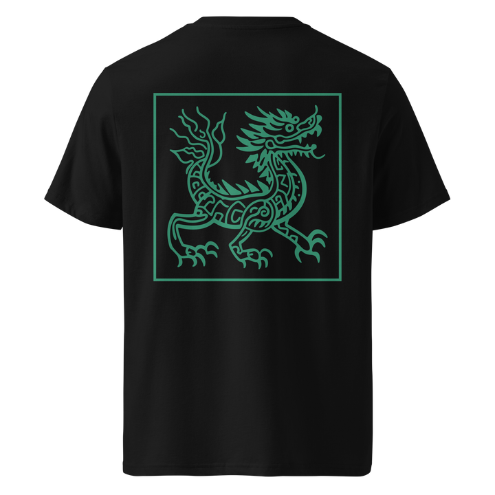 A black t-shirt featuring a vibrant jade green tribal-style serpent design within a square frame on the back, inspired by traditional tribal art.