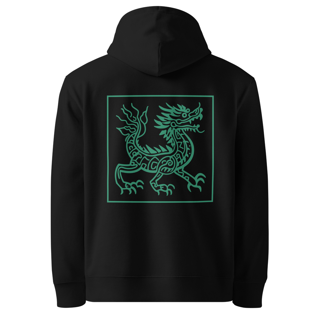 A black hoodie featuring a vibrant jade green tribal-style dragon design on the back.