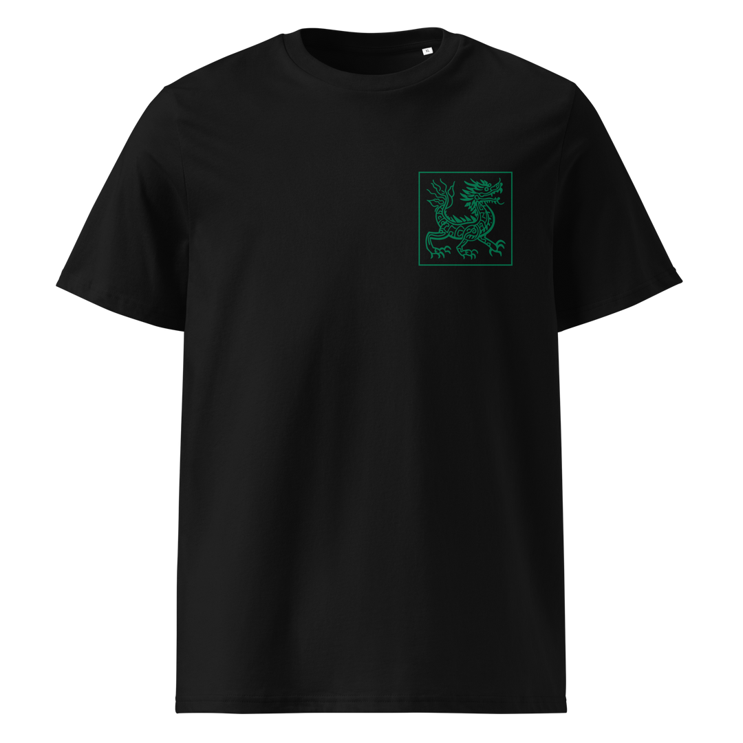 A black t-shirt with a green tribal-style dragon print on the left chest, vibrant and timeless.