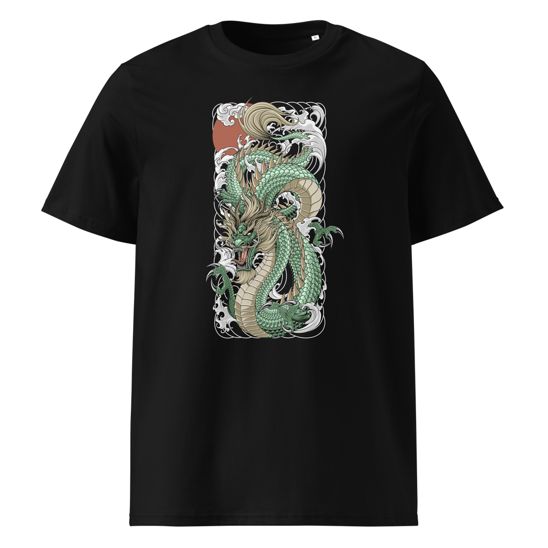 A premium black t-shirt featuring a jade green dragon design surrounded by waves and a glowing sun, inspired by Japanese mythology.