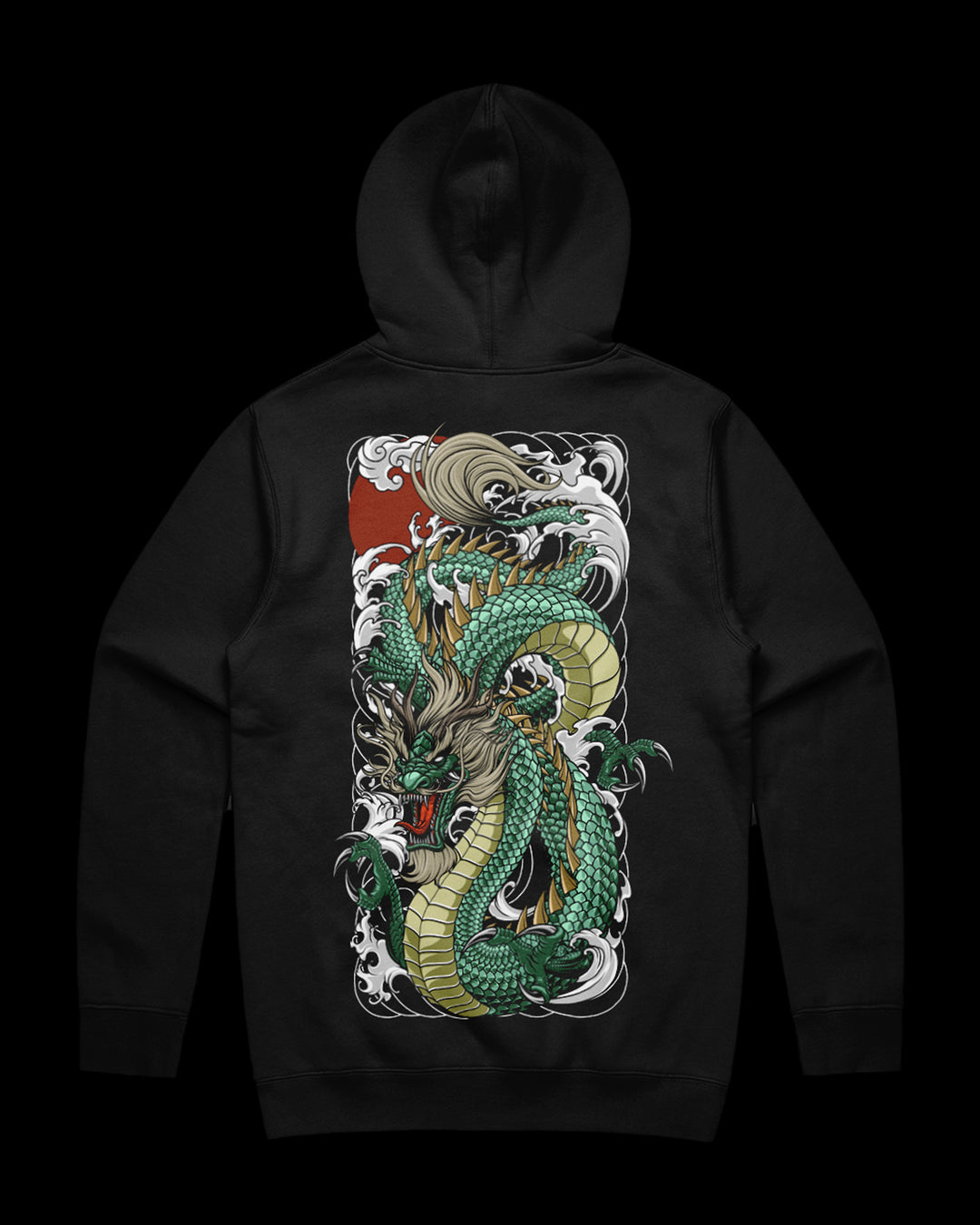 Black hoodie with a jade dragon design on the back