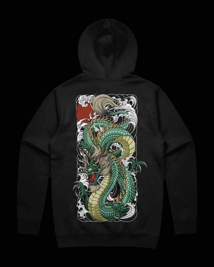 Black hoodie with a jade dragon design on the back