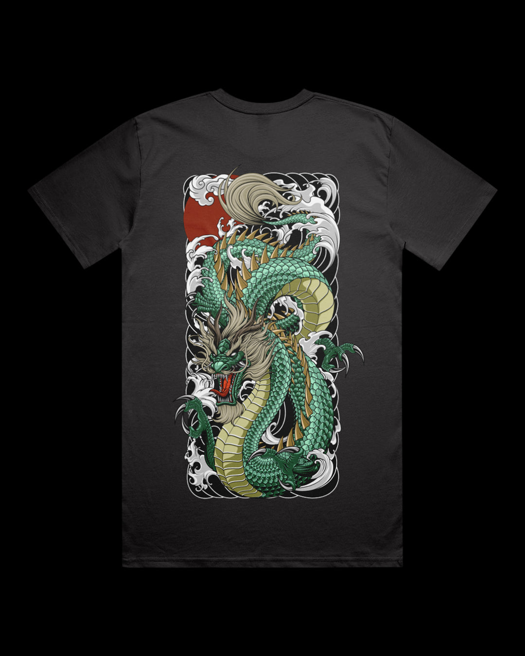 Graphic T-shirt featuring Japanese Irezumi-style green Dragon artwork.