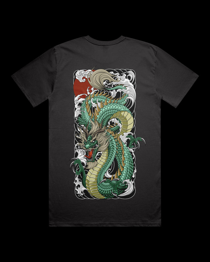 Graphic T-shirt featuring Japanese Irezumi-style green Dragon artwork.