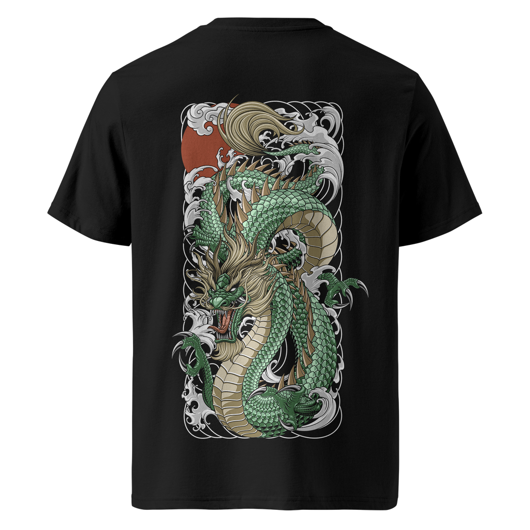 Jade Tide Dragon Black Tee – Back view of a black 180gsm medium fit t-shirt featuring a fierce green Japanese dragon coiling through crashing waves, inspired by traditional Irezumi tattoo art. Made from premium organic cotton with a bold back print.