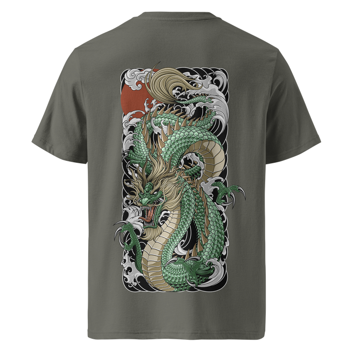 Jade Tide Dragon Khaki Tee – Back view of a khaki green 180gsm medium fit t-shirt featuring a fierce green Japanese dragon coiling through ocean waves, inspired by traditional Irezumi tattoo art. Made from premium organic cotton with a bold back print.