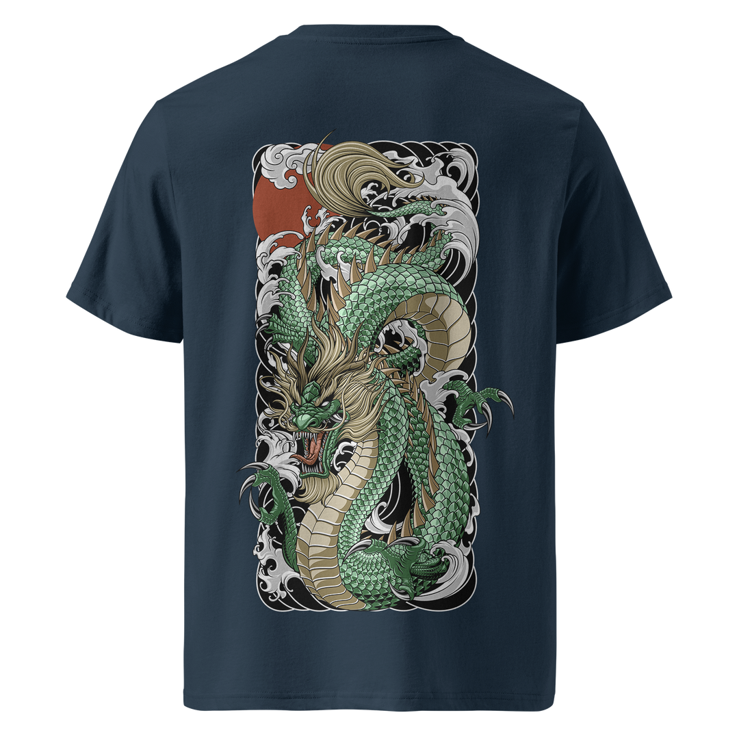 Jade Tide Dragon Navy Tee – Back view of a navy blue 180gsm medium fit t-shirt featuring a fierce green Japanese dragon coiling through crashing waves, inspired by traditional Irezumi tattoo art. Crafted from premium organic cotton with a bold back print.