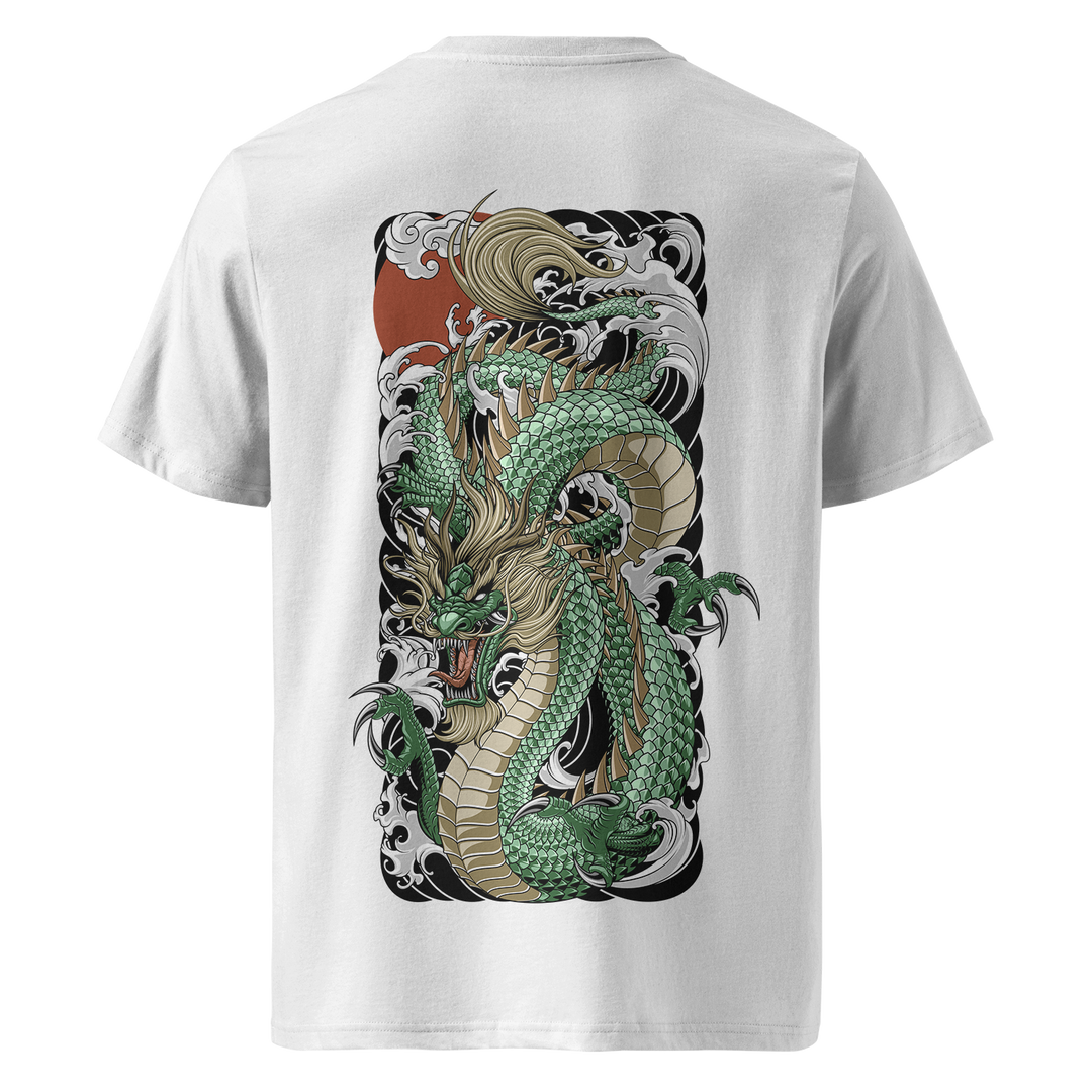 "Jade Tide Dragon White Tee – Back view of a white 180gsm medium fit t-shirt featuring a fierce green Japanese dragon coiling through ocean waves, inspired by Irezumi tattoo art. Made from premium organic cotton with a bold back print.