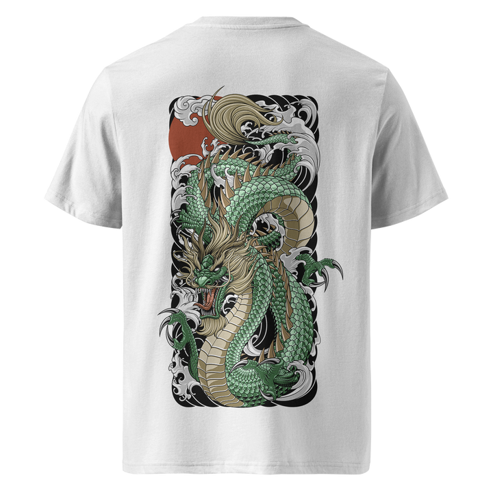 "Jade Tide Dragon White Tee – Back view of a white 180gsm medium fit t-shirt featuring a fierce green Japanese dragon coiling through ocean waves, inspired by Irezumi tattoo art. Made from premium organic cotton with a bold back print.