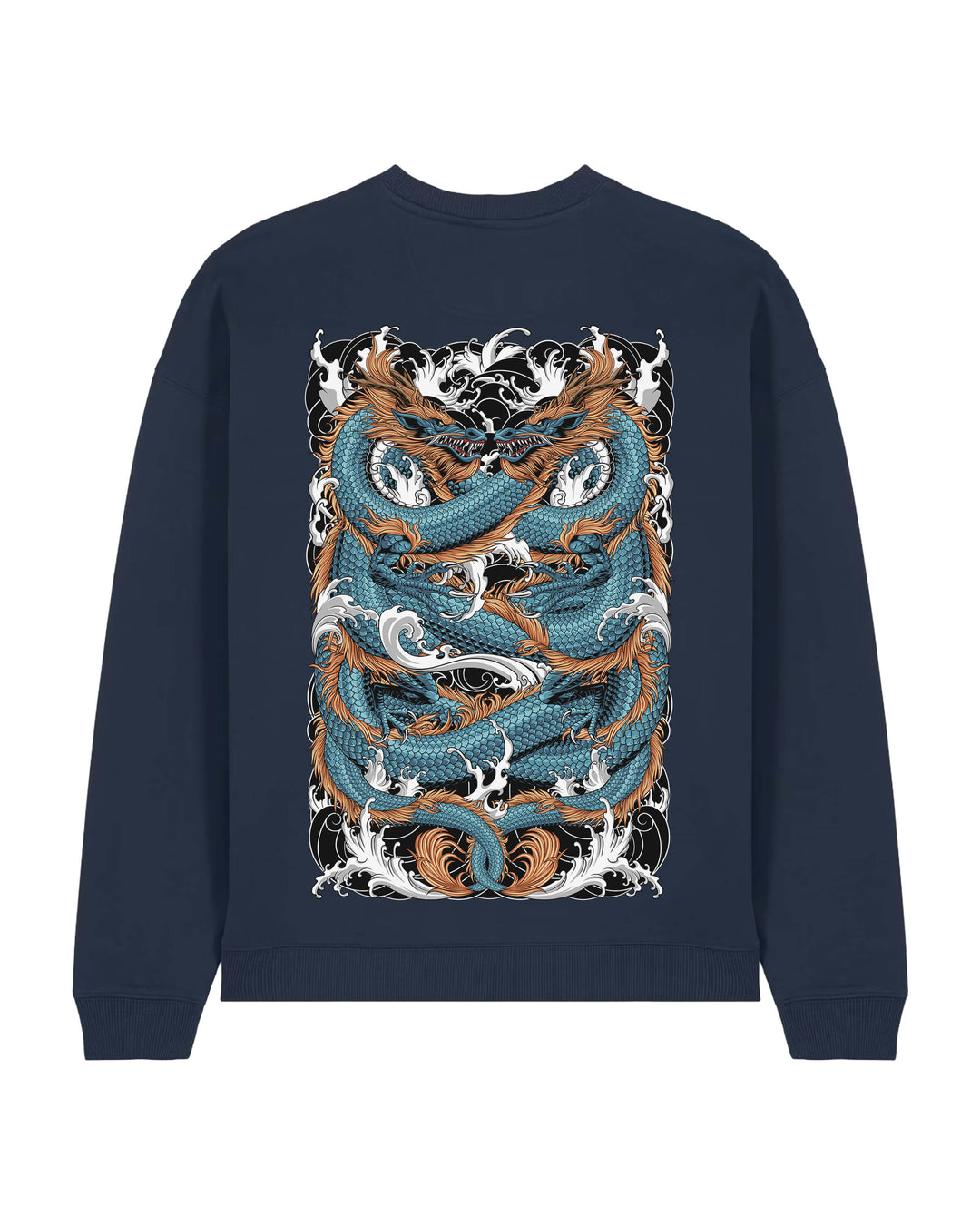 Oversized crewneck sweatshirt, Japanese Dragons print - French Navy