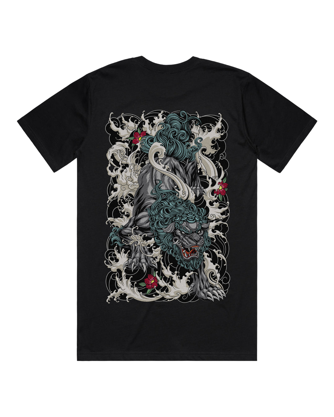 Black graphic t-shirt with large diving komainu back print