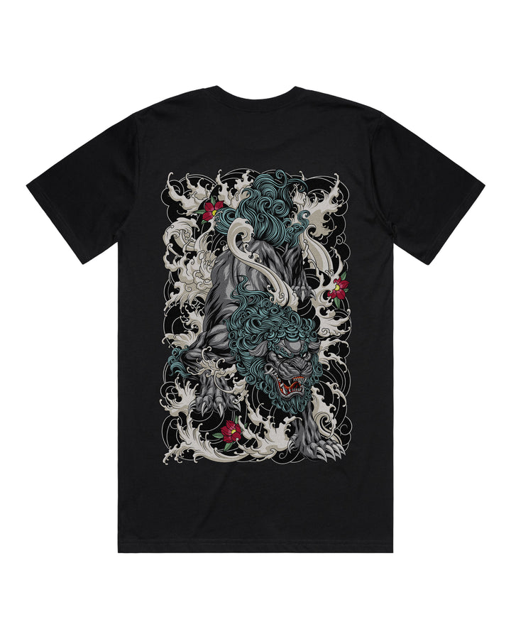 Black graphic t-shirt with large diving komainu back print