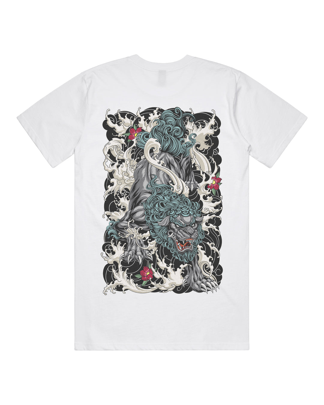White graphic t-shirt with large diving komainu back print, 220 GSM pre shrunk combed cotton, regular fit and a clean everyday streetwear feel.