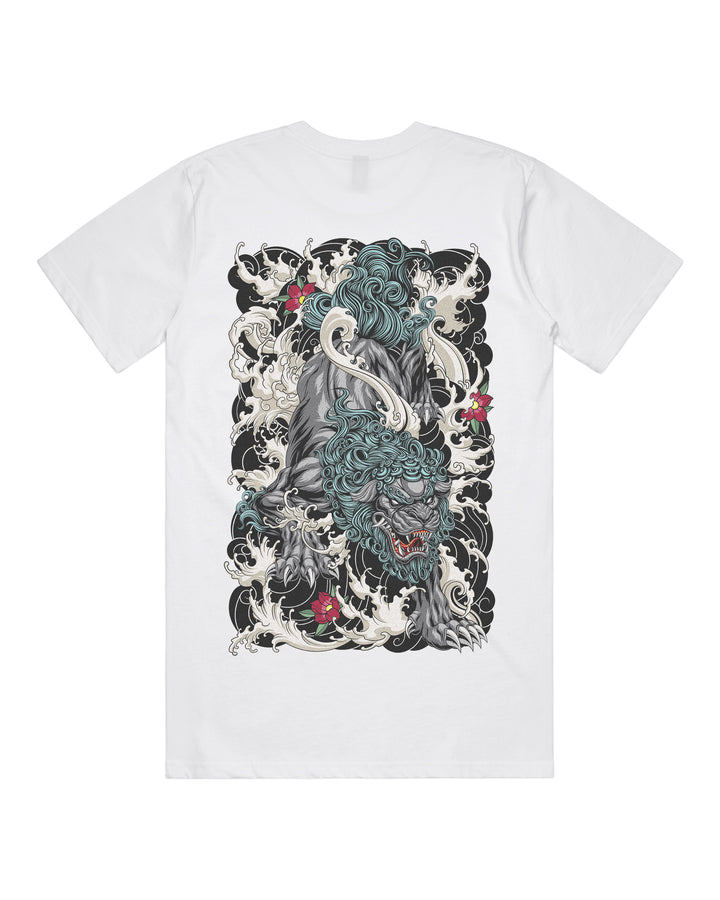White graphic t-shirt with large diving komainu back print, 220 GSM pre shrunk combed cotton, regular fit and a clean everyday streetwear feel.