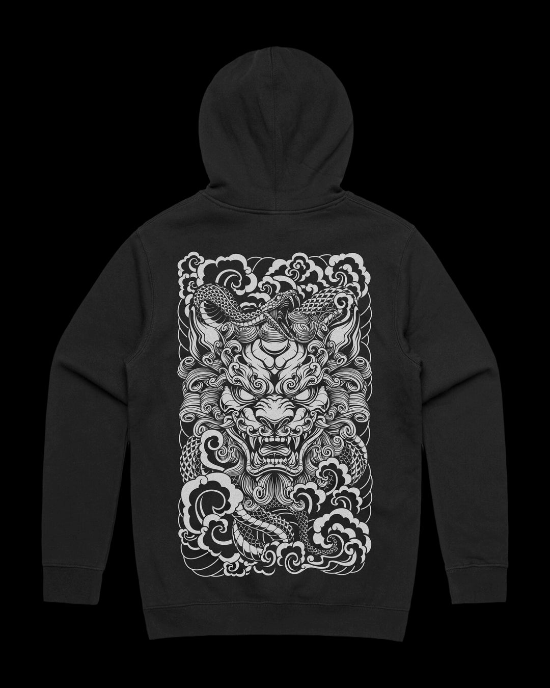 Japanese Tattoo Hoodie with large back print of Komainu head coiled by snake in Neo Japanese Irezumi style