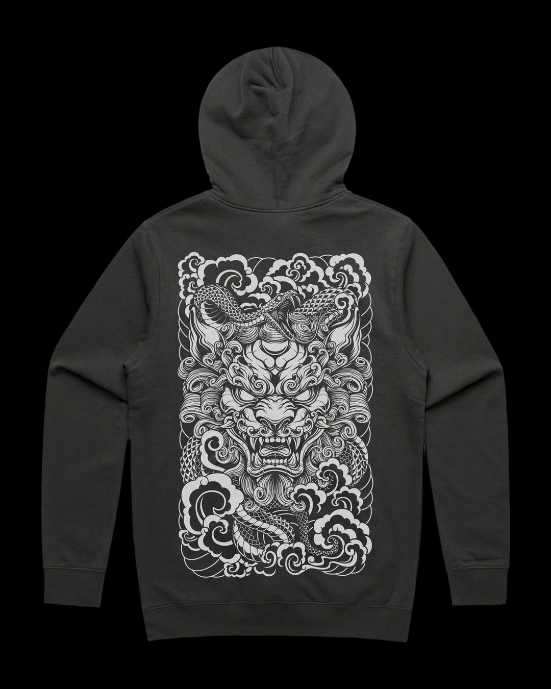 Japanese Tattoo Hoodie with large back print of Komainu head coiled by snake in Neo Japanese Irezumi style