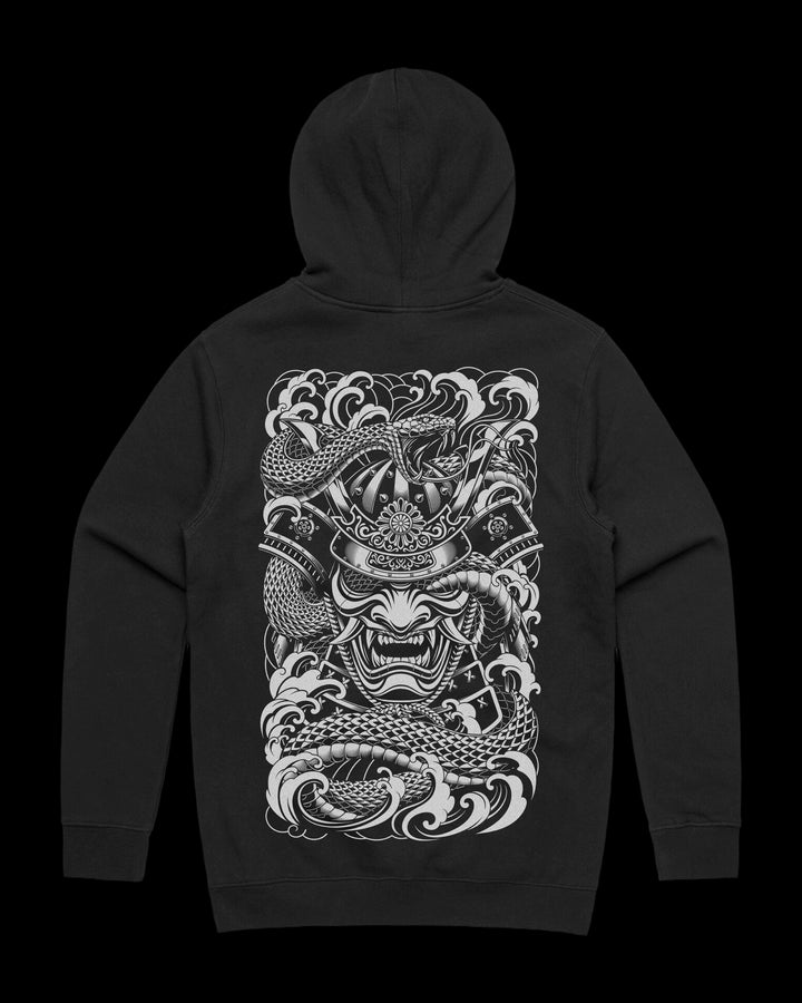 Japanese Tattoo Hoodie with large back print of samurai mask entwined by snake through eye socket in Neo Japanese Irezumi style