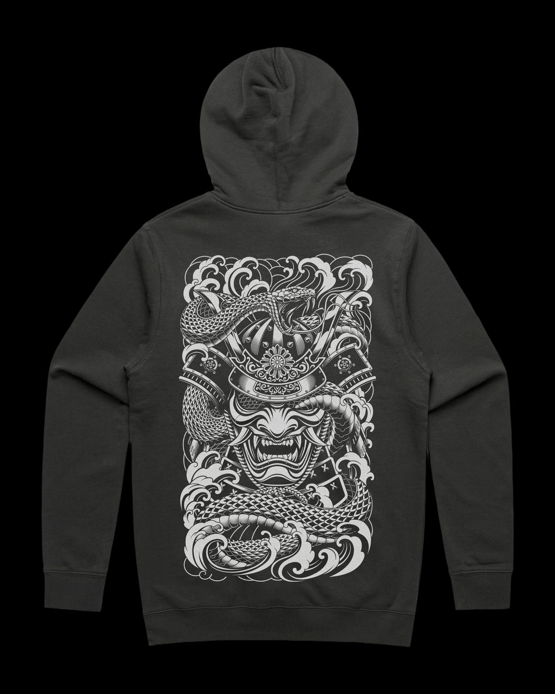 Japanese Tattoo Hoodie with large back print of samurai mask entwined by snake through eye socket in Neo Japanese Irezumi style
