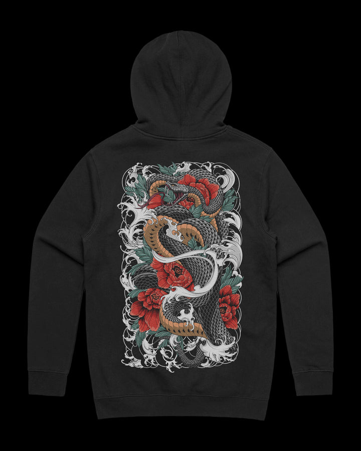 Japanese Tattoo Hoodie with large back print of coiled snake surrounded by red florals and waves in traditional tattoo style