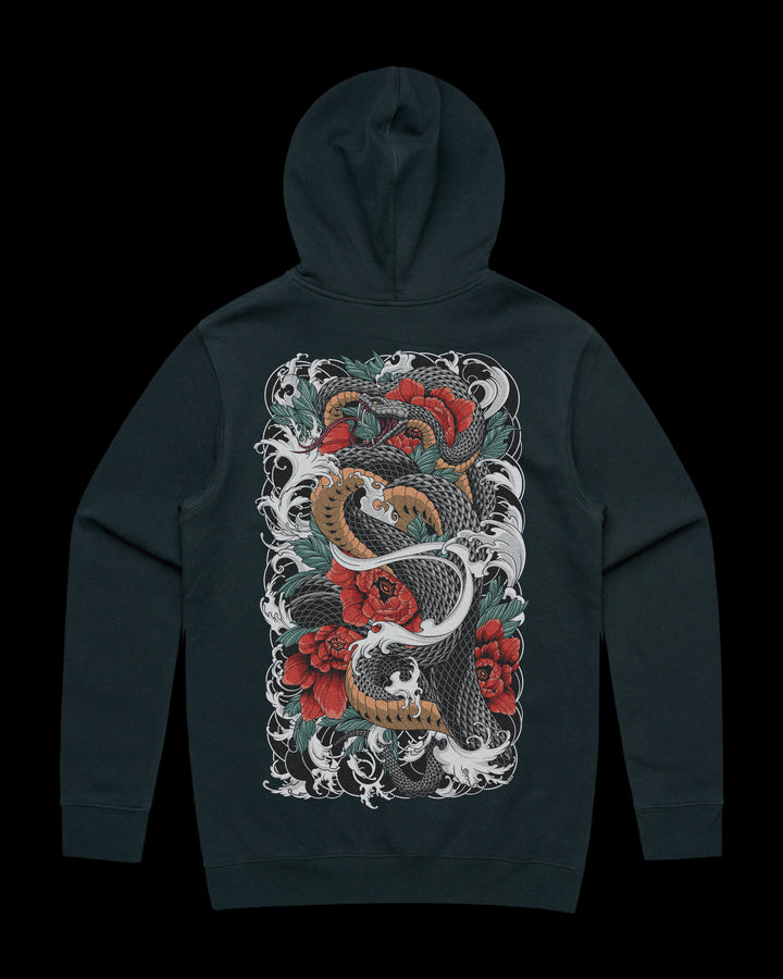 Japanese Tattoo Hoodie with large back print of coiled snake surrounded by red florals and waves in traditional tattoo style