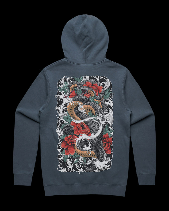 Japanese Tattoo Hoodie with large back print of coiled snake surrounded by red florals and waves in traditional tattoo style