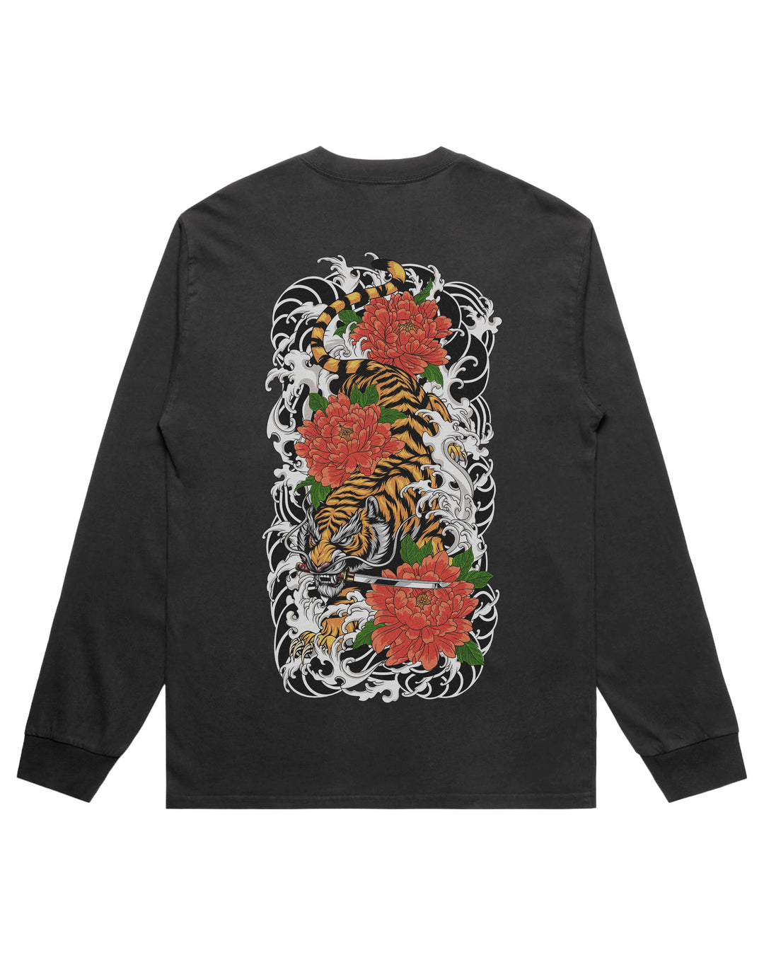 Men's Japanese Tiger long sleeve graphic T-shirt features original in-house artwork inspired by Irezumi Artistry.