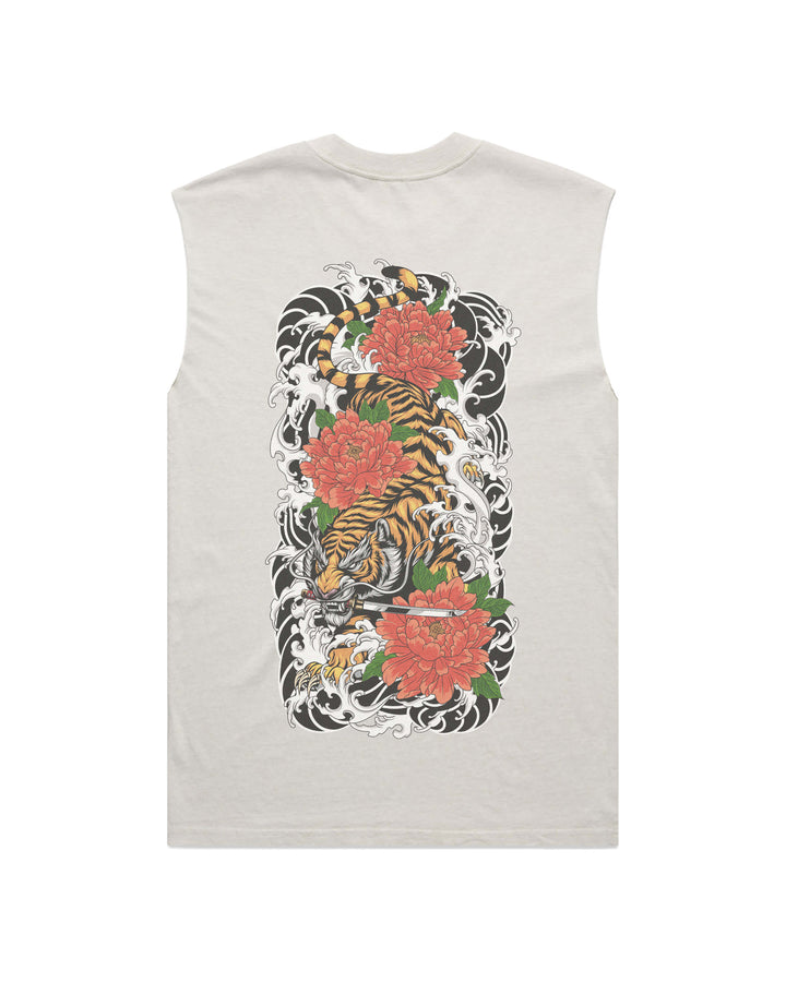 Japanese Tiger men’s faded bone graphic tank top features original in-house artwork inspired by irezumi influence. The design combines tiger, flowers and waves, drawing from Japanese tattoo art, folklore and traditional illustration.