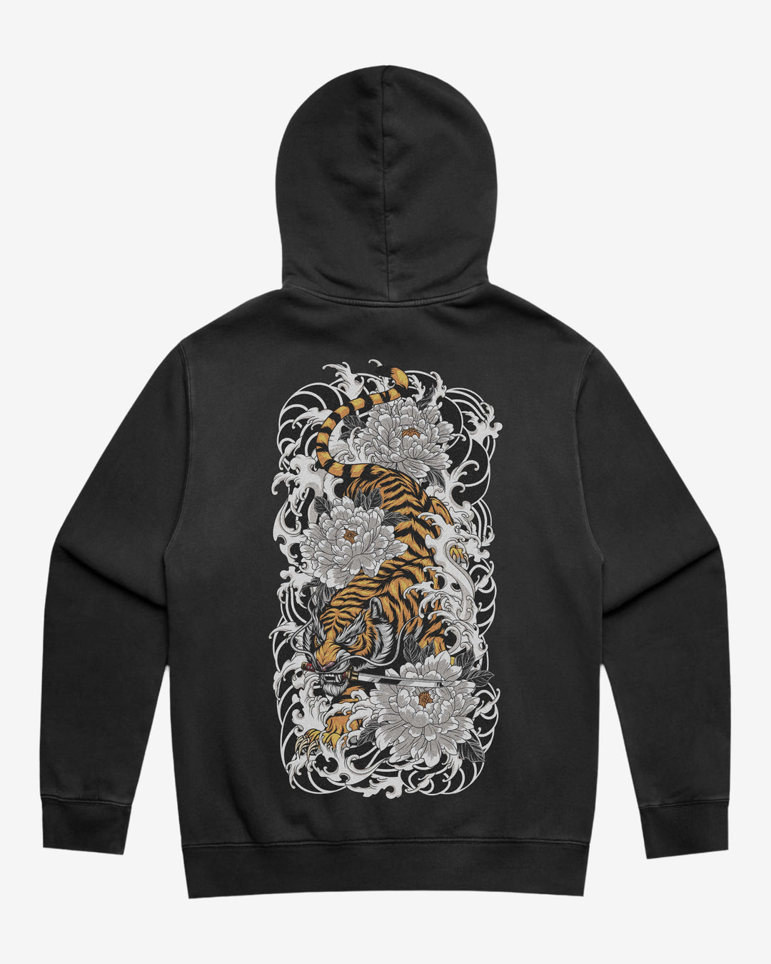 Black faded hoodie with a tiger and floral design on the back against a white background