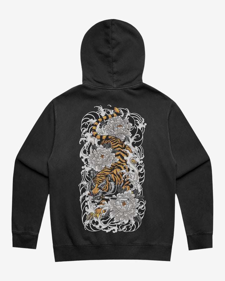 Black faded hoodie with a tiger and floral design on the back against a white background